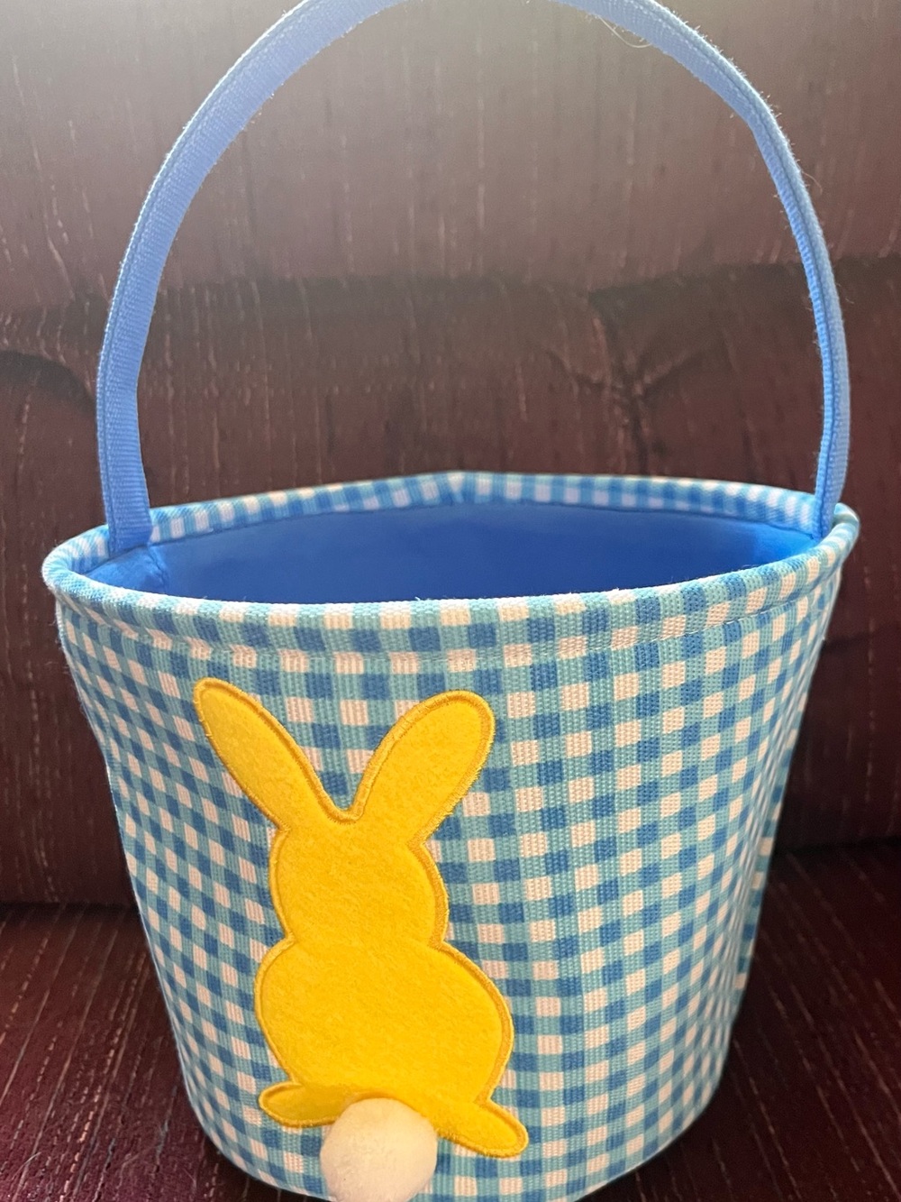 Blue Gingham Bunny Kids Easter Basket Fluffy Pom Pom Tail